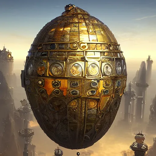 Image similar to enormous flying city in a faberge egg, sky, steampunk, fantasy art, masterpiece, unreal engine