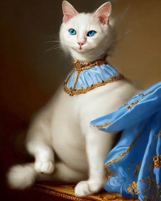 Image similar to cute white cat with blue eyes wearing a frilly blue silk dress, baroque rococo fashion, joseph ducreux, greg rutkowski, royal portrait, luxurious, opulent, regal