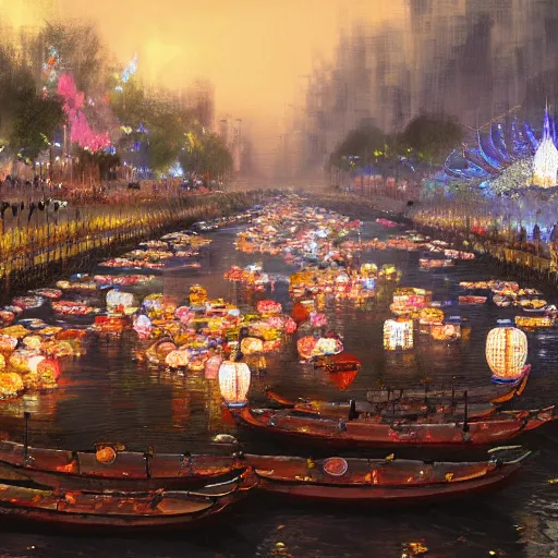 Image similar to concept art, river lanterns on the eve of ullambana festival, high resolution, by james gurney, king sejong, yi jeong, yi jing, artstation