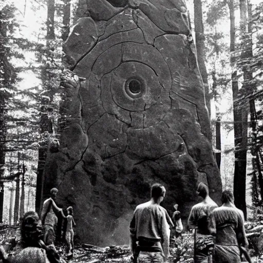 Prompt: old photograph of a cult surrounding a giant alien monolith in a haunted forest, epic composition