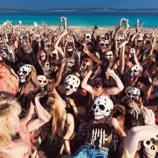 Prompt: army of skeletons party on the beach in Ibiza