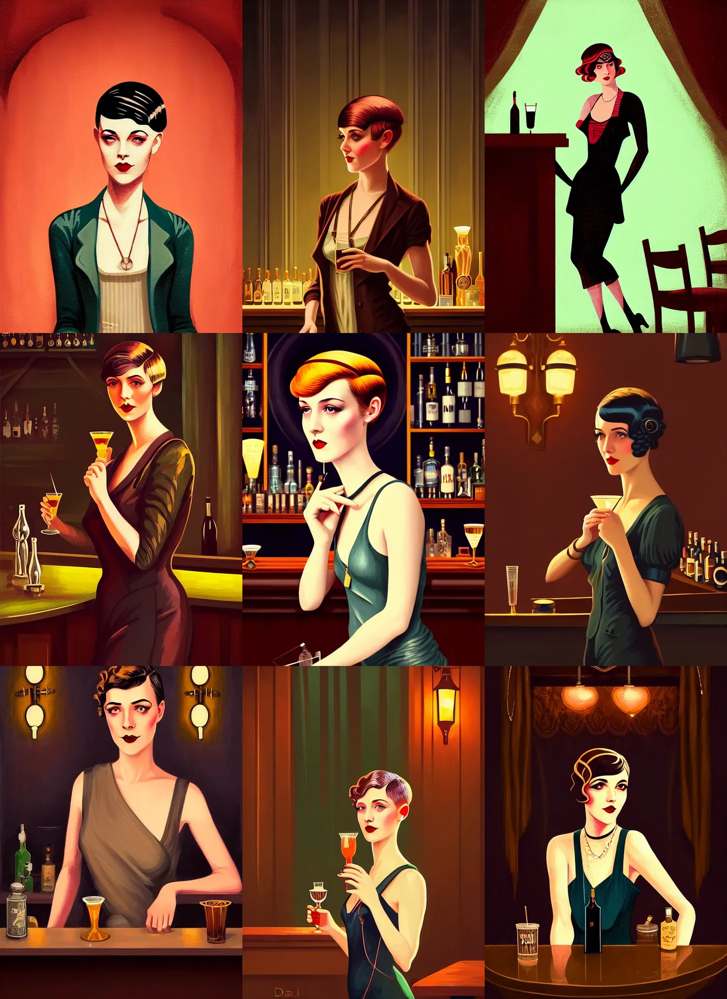 Prompt: a young sophisticated woman as a beautiful bar patron, cozy dimly-lit 1920s speakeasy bar, drinking at the bar, dystopian retro 1920s ukraine vibe, relaxed pose, pixie cut, wild, highly detailed, digital painting, artstation, sharp focus, illustration, detailed painterly digital art style by Dan Mumford, vibrant deep colors, 🍸, 8k octane beautifully detailed render, post-processing, extremely hyperdetailed, Art Nouveau, masterpiece