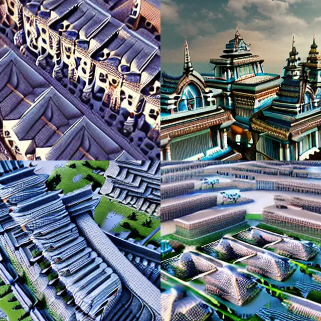 Prompt: floating Temples and buildings on clouds, connected by stone bridges. Bird's eye view showing the rooftops and streets. Detailed, realistic, digital matte painting.