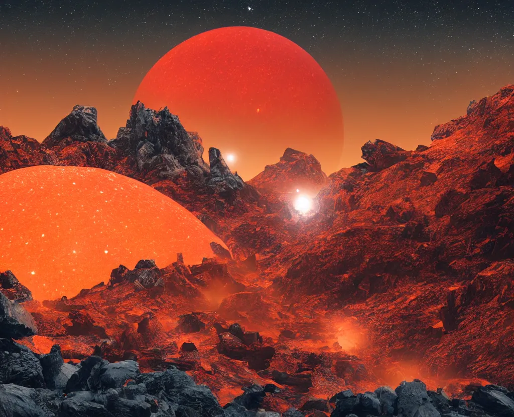 Image similar to A rocky valley surrounded by snow-capped mountains, nighttime, orange gas giant, red nebula, no clouds, sci-fi, photorealistic, landscape