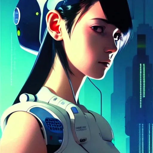 Image similar to side portrait scifi cyborg girl with robotic parts and spacesuit | | head only in center of image, audrey plaza, fine detail!! anime!! realistic shaded lighting!! poster by ilya kuvshinov katsuhiro otomo ghost - in - the - shell, magali villeneuve, artgerm, jeremy lipkin and michael garmash and rob rey