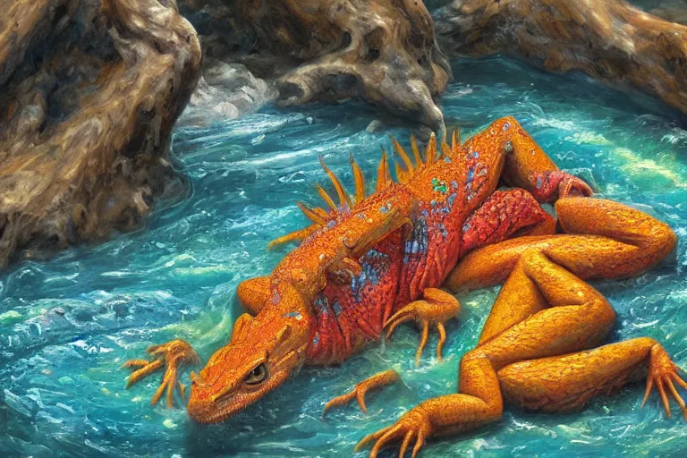 Image similar to highly detailed oil painting of a lizard man sitting in a steaming colorful hotspring stream, featured on artstation