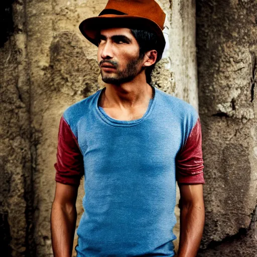 Prompt: color portrait of a peruvian male model by emmanuel lubezki