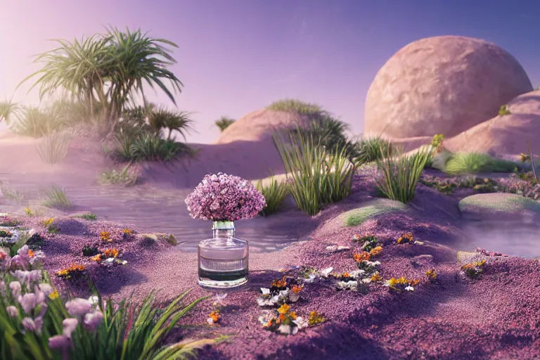 Prompt: perfume bottle buried flowers at a blurred background zen oasis hotspring by peter tarka in the middle of a desert with little flowers, soft lilac skies, silky smooth, dramatic, mid day, sand dune background, large scale, wind - swept, lots of detail, realistic lighting, octane render, by wlop, artgerm, trending on artstation