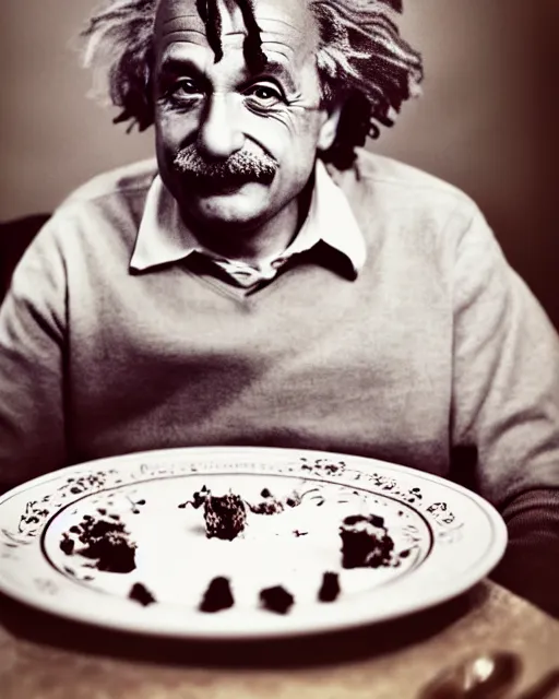 Prompt: a portrait of albert einstein sitting at the dining table with a plate containing red velvet cake in front of him, highly detailed, trending on artstation, bokeh, 9 0 mm, f / 1. 4