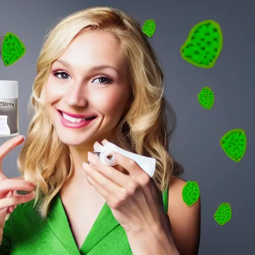 Prompt: “Blonde woman smiling while holding a lotion made by a brand called ‘Elation’ with a three leafed clover logo, smart, beautiful, realistic, magnificent”