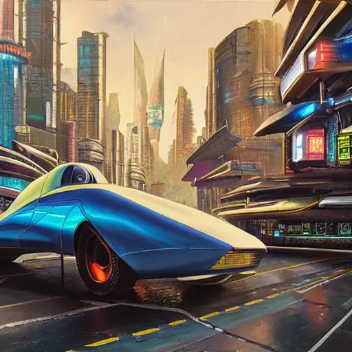 Image similar to flying futuristic taxis in cyberpunk city, hyperrealism oil painting