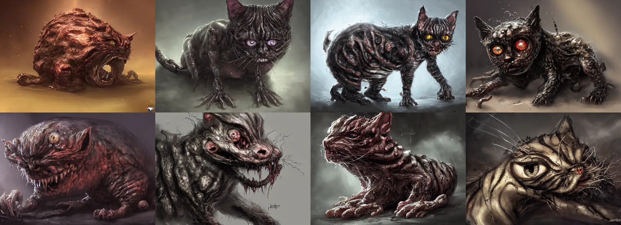 Prompt: a nightmarish slimy monster kitten, with black eyes, rotting flesh, exposed bone, by jerad marantz, concept art, dramatic lighting, highly detailed digital painting