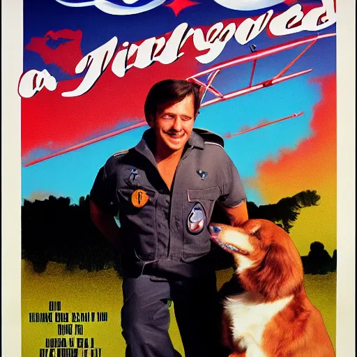 Image similar to a 8 0's movie poster about a guy and his dog. they are pilots it's called wing and a paw