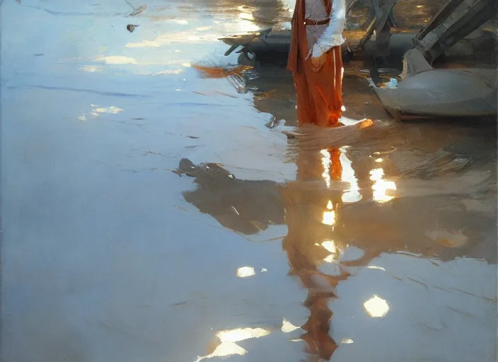 Image similar to oil painting of reflective copper still by anders zorn, wonderful art by greg rutkowski, beautiful cinematic light, american romanticism by greg manchess, reflections and refraction, sunlight