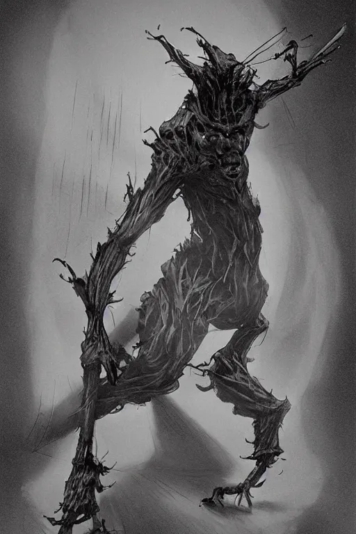 Image similar to clapperclaw the scarecrow creator of the firefly, art by boris vallejo and john schoenherr, trending on artstation, dark atmospheric lighting microscopic view brutalism, cubism, creature concept art, final, post - modernism