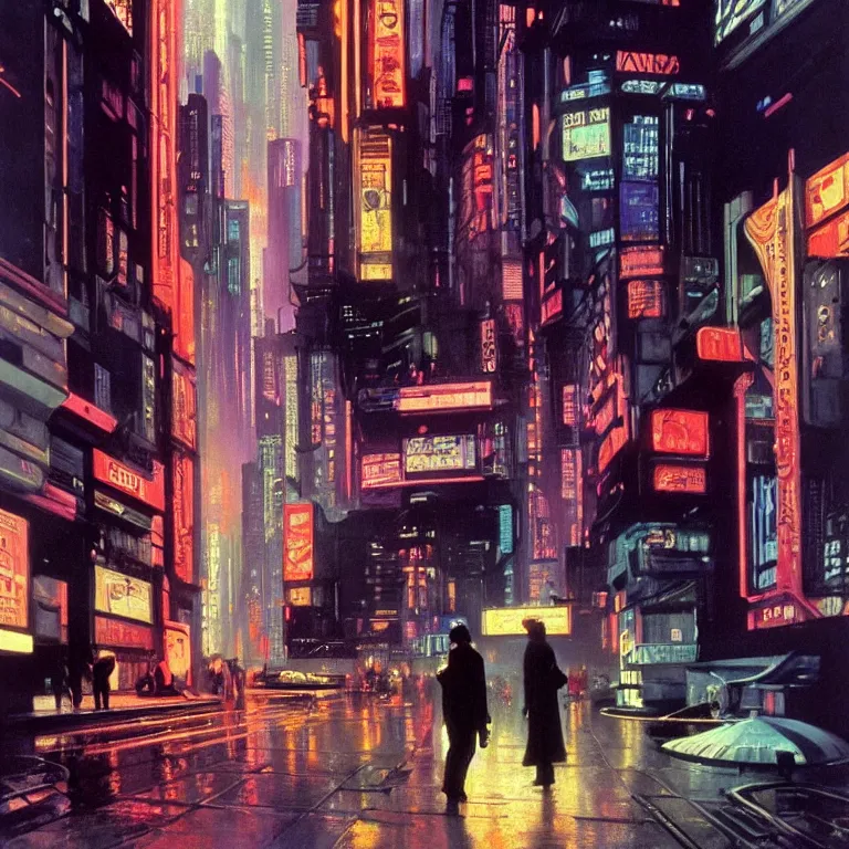 Prompt: scene of city life with people dressed in futuristic clothes, cyberpunk designs, vehicles, automations, and faint glows of vivid color, cinematic, highly detailed, intricate, hd quality, realism, from blade runner concept art, by syd mead and edward hopper