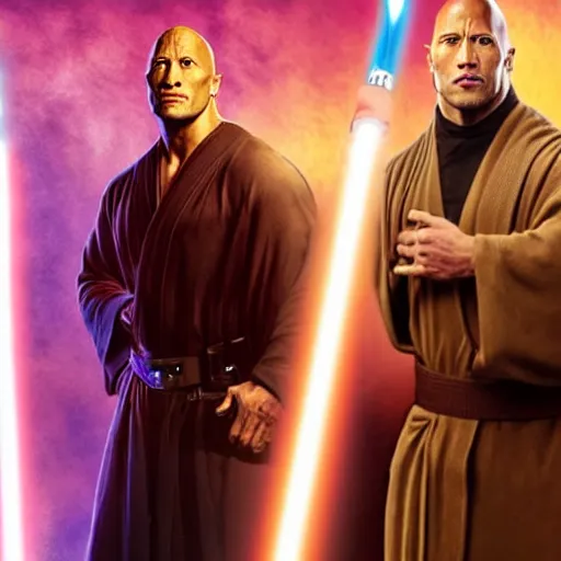 Prompt: dwayne johnson with a purple lightsaber in brown robes