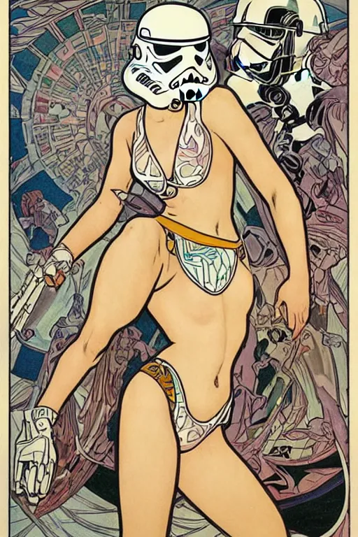 Prompt: female in white bikini with tattoos and stormtrooper helmet, well composed, clean elegant painting, beautiful detailed face. comic book art by steve ditko and jack kirby and ( alphonse mucha )
