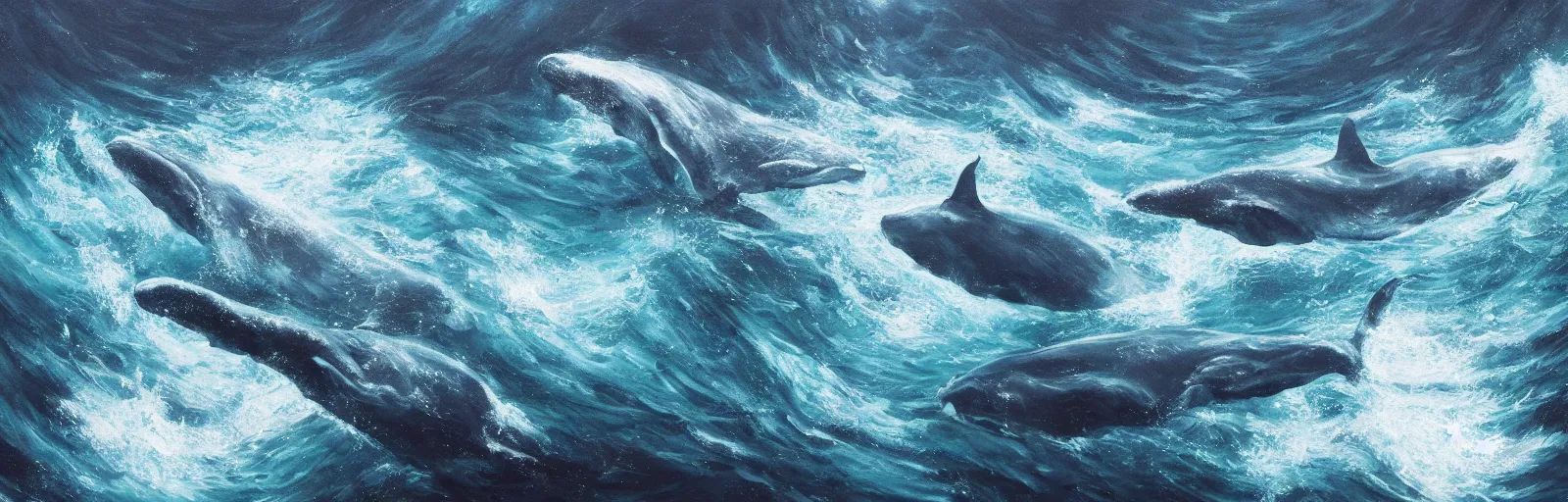 Prompt: An ultra high-resolution 8K full-canvas scan of a contemporary oil painting of underwater whales, fine art, trending, featured, 8k, photorealistic, dynamic, energetic, lively perspective, well-designed masterpiece, hyper detailed, unreal engine 5, IMAX quality, cinematic, epic lighting, light and shadow, ocean caustics, digital painting overlaid with aizome patterns, by Ohara Koson and Thomas Kinkade, traditional Japanese colors, superior quality