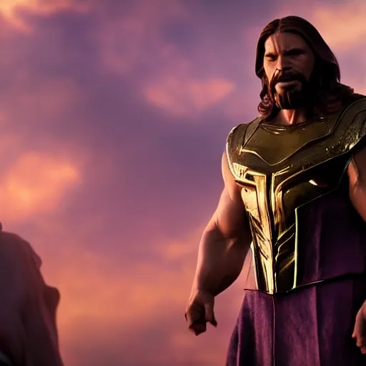 Image similar to Jesus playing Thanos in avengers, cinematic lighting