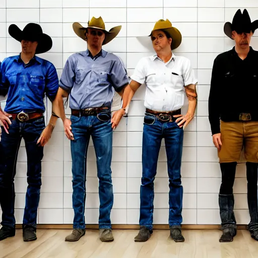 Prompt: many cowboys wearing shorts standing in a room with white tile walls