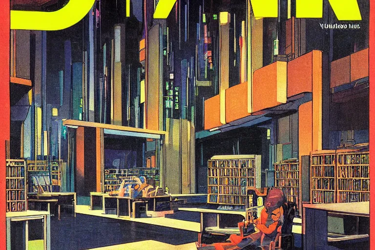 Prompt: 1979 OMNI Magazine Cover depicting a sunlit library. Cyberpunk Akira style by Vincent Di Fate