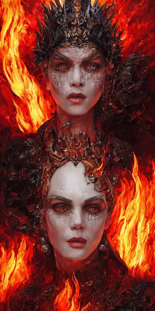 Image similar to Fantasy character portrait of distorted detailed painting of a queen woman made of fire, hyper detailed, red flames, trending on Artstation