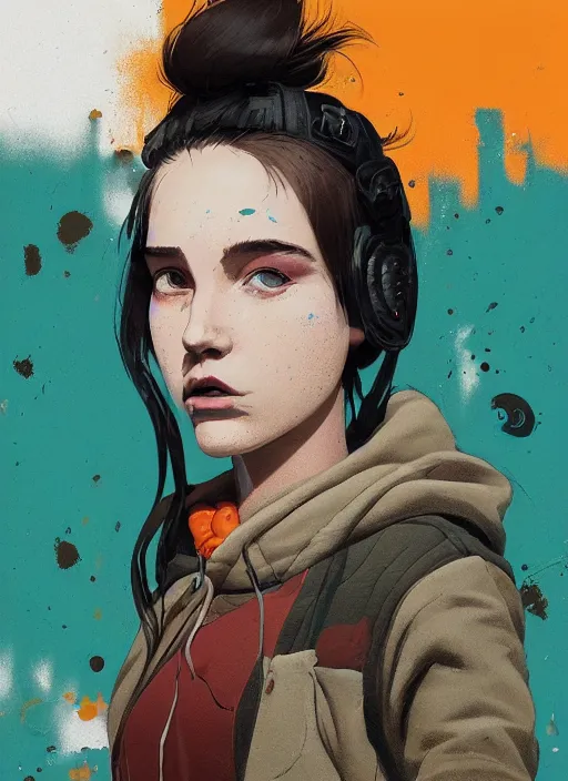 Image similar to highly detailed portrait of a cloudpunk young seattle lady, tartan hoody, by atey ghailan, by greg rutkowski, by greg tocchini, by james gilleard, by joe fenton, by kaethe butcher, gradient green, brown, blonde crea, orange, brown and white color scheme, grunge aesthetic!!! ( ( graffiti tag wall background ) )