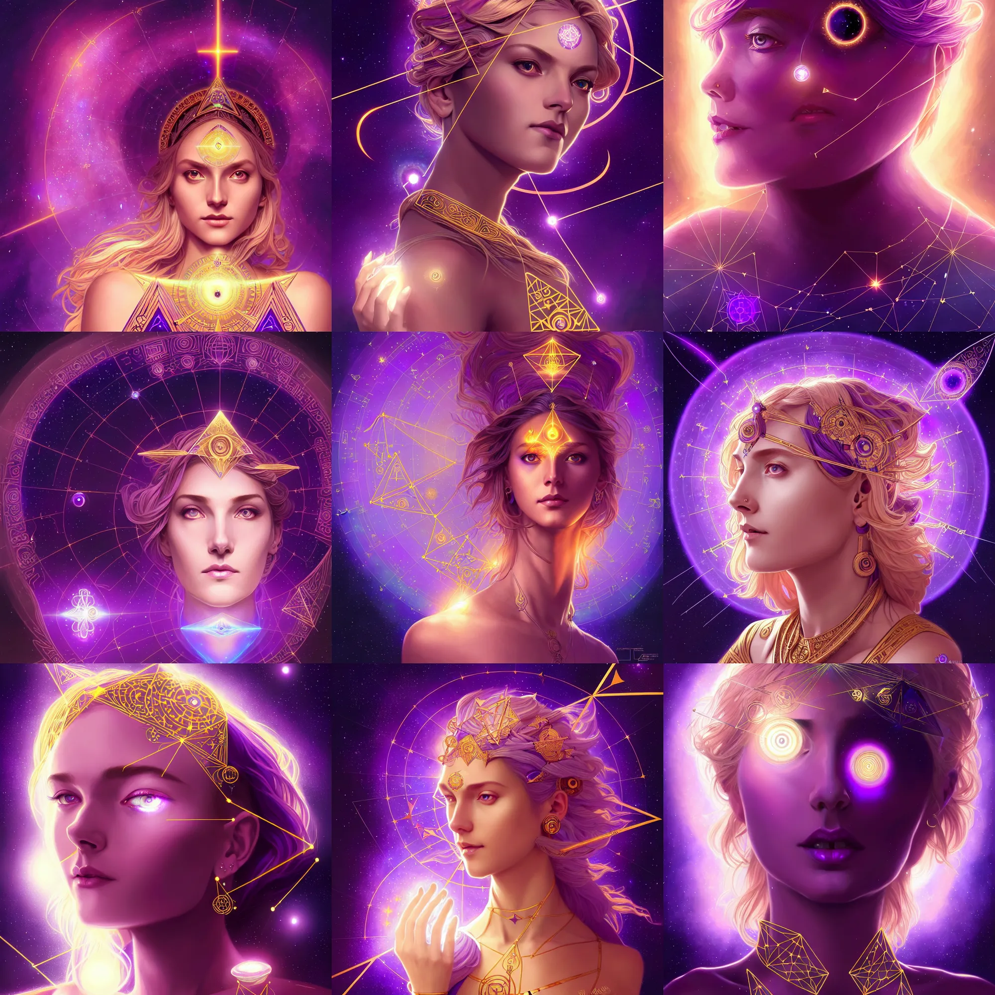 Image similar to a gallent goddess with glowing purple third eye chakra and golden hair, geometric third eye triangle, sci - fi face, constellation geometry mandal background, breathtaking stars, elegant, highly detailed, digital painting, artstation, concept art, smooth, sharp focus, spiritual art, art by artgerm and greg rutkowski and alphonse mucha, psychedelic