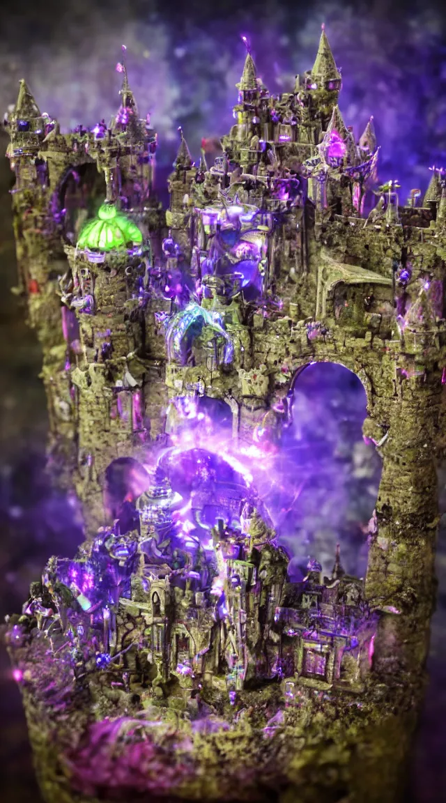 Image similar to robot with purple lights destroying a fantasy castle, professional photo, hdr, bokeh, sci fi, tiny castle, fantasy, small world, toys