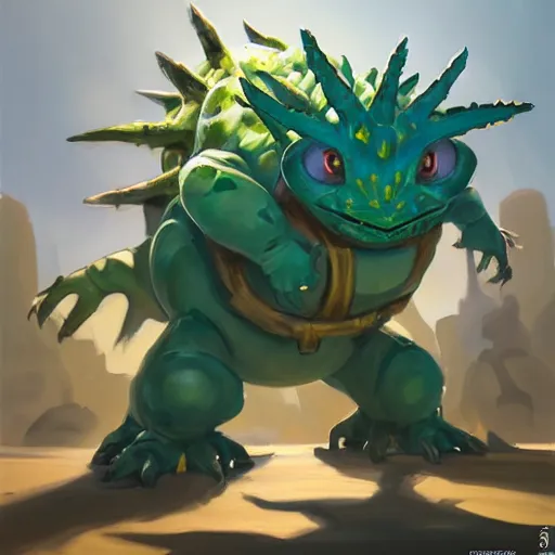 Image similar to greg manchess portrait painting of partially armored venusaur as overwatch character, medium shot, asymmetrical, profile picture, organic painting, sunny day, matte painting, bold shapes, hard edges, street art, trending on artstation, by huang guangjian, gil elvgren, ruan jia, greg rutkowski, gaston bussiere