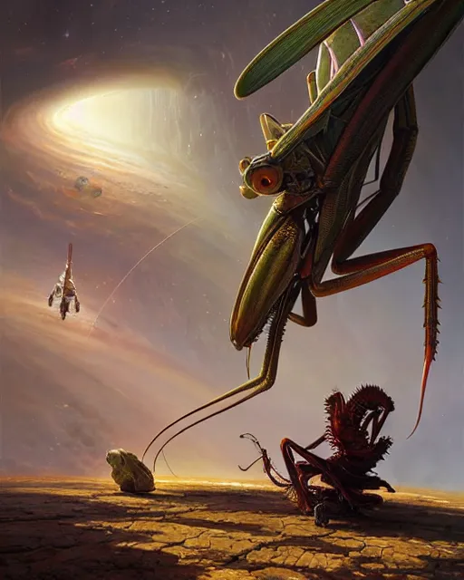 Image similar to a giant space praying mantis eats planet, photo realistic, epic composition, epic light, high details by greg rutkowski and mark marc simonetti