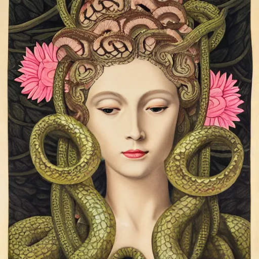 Prompt: detailed, portrait of medusa, surrounded by lotus flowers and snakes