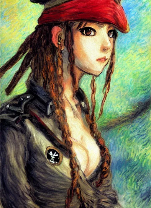 Image similar to a portrait of a female pirate, camouflage uniform, very anime in impressionist style, anime trending artwork, anime painter studio, by claude monet