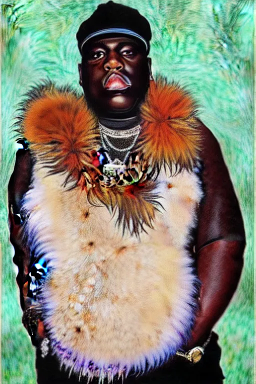 Image similar to full body!! a portrait of biggie smalls aka notorious b. i. g. wearing boho - chic style clothes, with a fur muffler and feathers, realistic painting in egon schiele style, masterpiece, hyperdetailed, complex, intricate, 4 k, hyperrealistic, trending on artstation