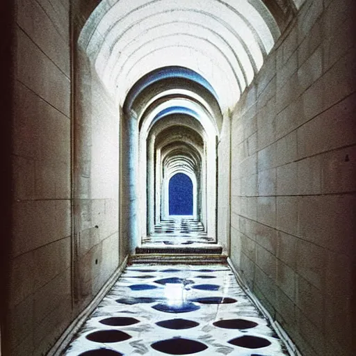 Image similar to Beautiful Fuzzy wide-eye-lens 15mm, harsh flash, cameraphone 2002, Photograph of an tiled infinite foggy liminal pool hallway with archways and water on the floor