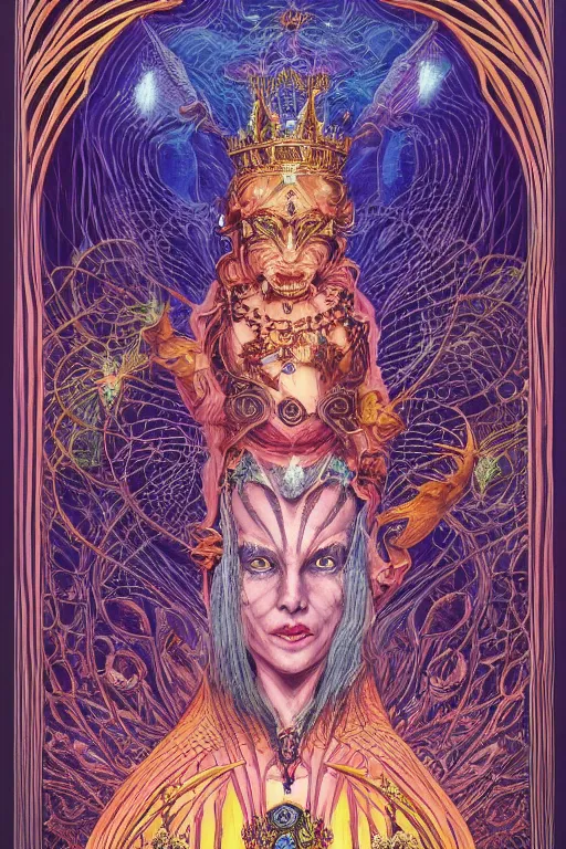 Image similar to beautiful tarot card of the queen of dreams by carol bak, jacek yerka, dan mumford, alex gray, victo ngai and h.r. giger, oil on canvas, symmetrical, 8k highly professionally detailed, HDR, trending on artstation