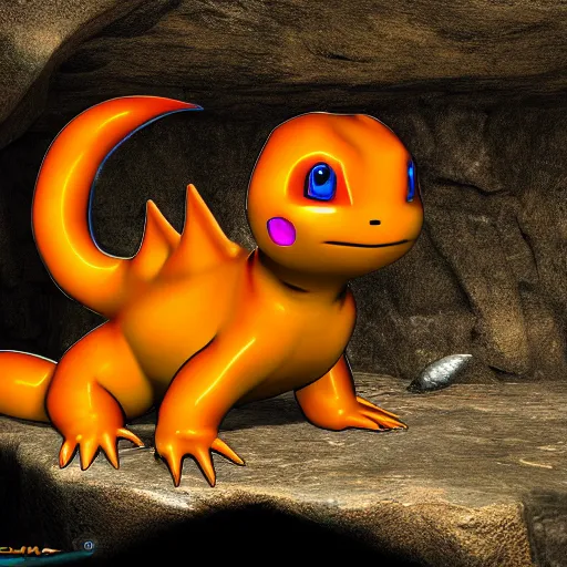 Image similar to cybertronic metallic Charmander, in a cave, unreal engine