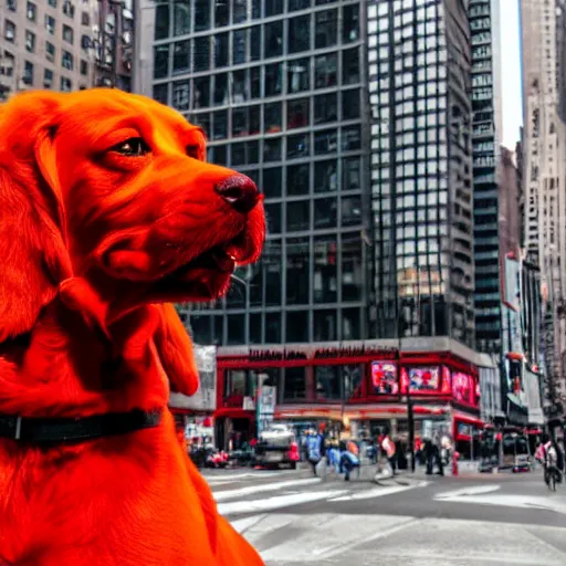 Image similar to Clifford the big red dog photographed in New York City, Times Square avenue barking at random tourists, 4k, detailed