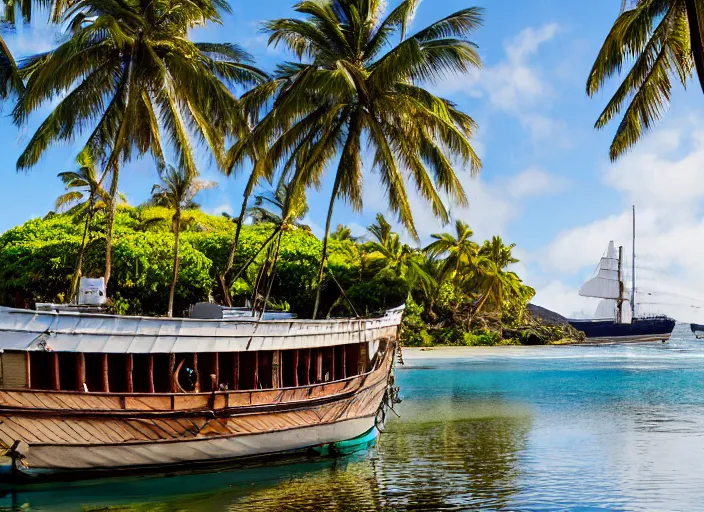 Prompt: photo of the hms bounty ship in a tranquil beautiful island cove with palm trees, a volcano smoking