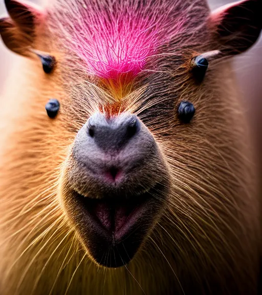 Image similar to award winning 5 5 mm close up portrait color photo of a capybara with pink slime oozing out of its nose, in a park by luis royo. soft light. sony a 7 r iv