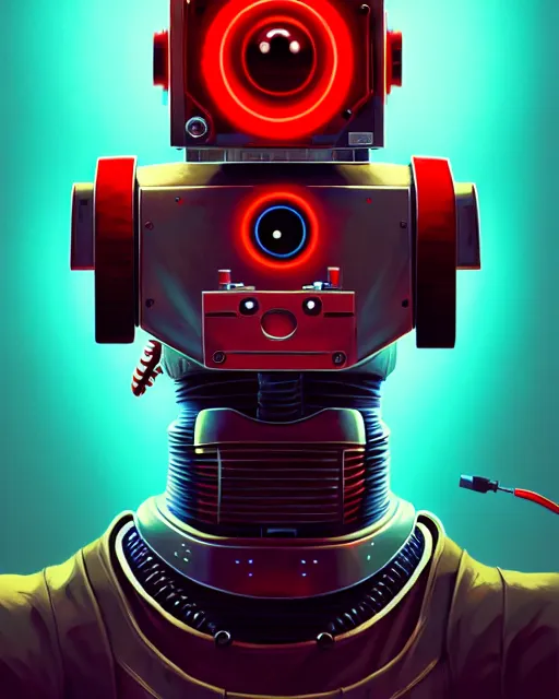 Image similar to hyper - realistic portrait of a vintage robot, red evil eyes, angry mouth, gta v cover art, celshading, sharp focus, intricate, detailed, rhads, andreas rocha, makoto shinkai, lois van baarle, ilya kuvshinov, greg rutkowski, dynamic lighting, grunge aesthetic, 4 k