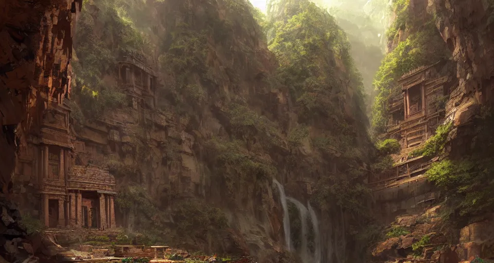 Image similar to indian ancient temple hidden in a cave waterfalls around, realistic concept art, eytan zana, one pixel brush, by eugene von guerard, ivan shishkin, dramatic lighting, concept art, trending on artstation