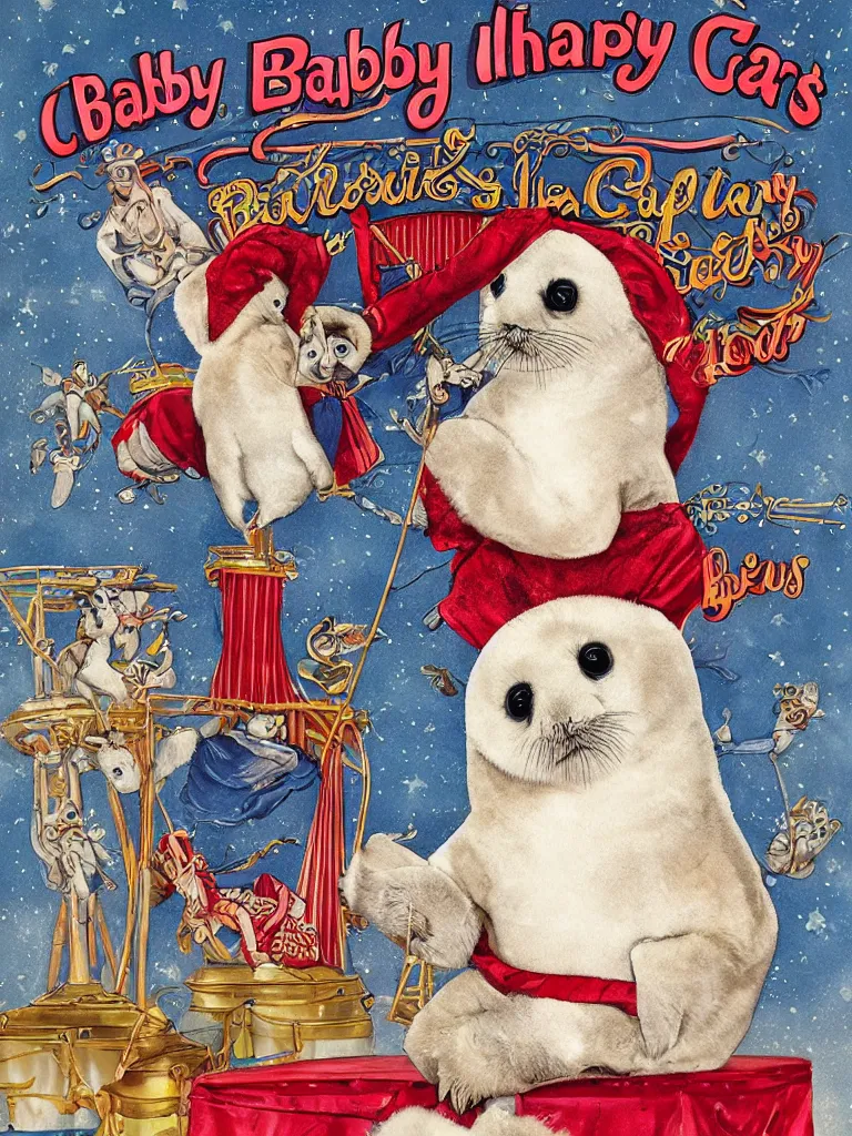 Image similar to baby harp seal at the circus, in the style of barnum and bailey, ringling brothers circus, circus, poster