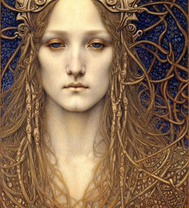 Image similar to detailed realistic beautiful young medieval queen face portrait by jean delville, gustave dore and marco mazzoni, art nouveau, symbolist, visionary, gothic, pre - raphaelite. horizontal symmetry