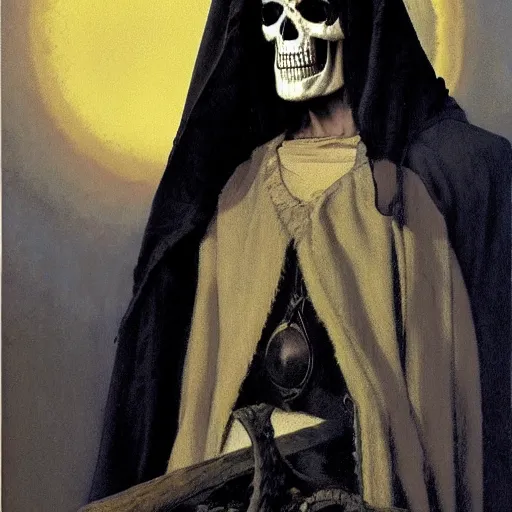 Prompt: portrait of a man in a long flowing hooded cloak and a skull mask, by Gerald Brom and Norman Rockwell