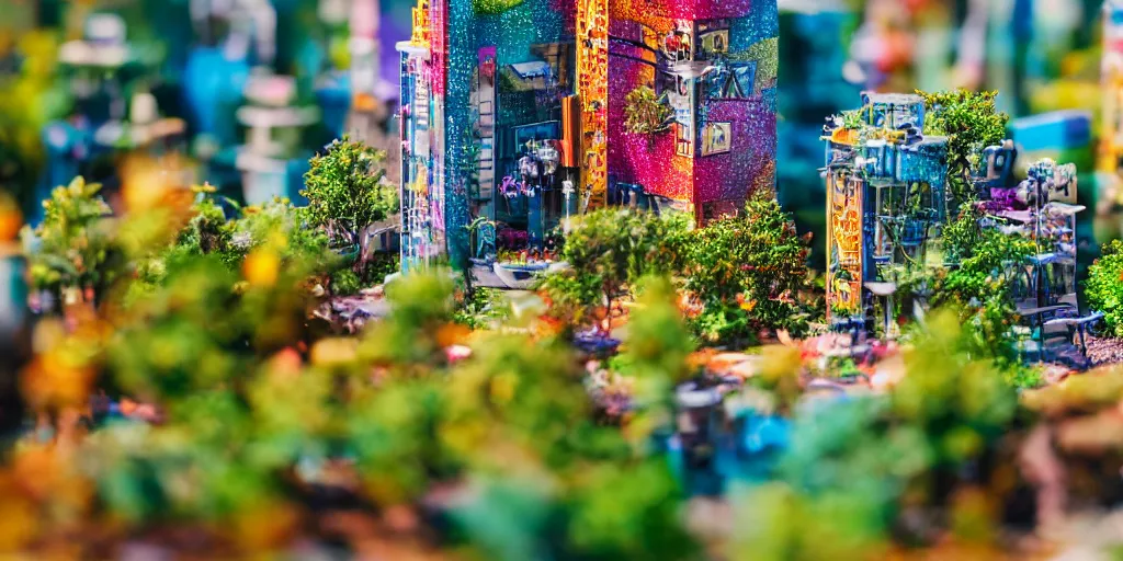 Image similar to macro photo of a miniature solarpunk city, canon 8 0 d, canon 1 0 0 mm f / 2. 8, bright sunlight, sun glints, vivid and colorful trees and plants and flowers, 4 k,