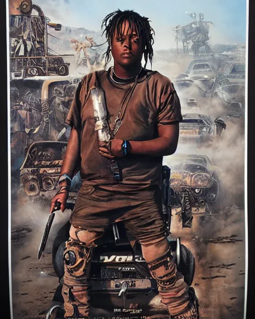 Image similar to juice wrld in dystopian raider mad max post apocalpytic, airbrush, drew struzan illustration art, key art, movie poster