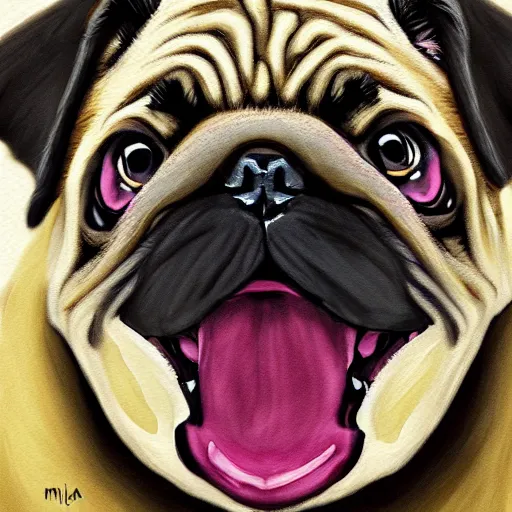 Image similar to vicious roaring pug by Milka Oxana, painterly, digital art. Trending on artstation, post processing, pen and ink work. sharp focus.