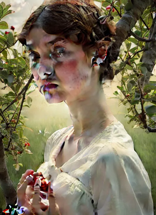 Image similar to symmetry!! portrait of young woman cursed with ever - increasing intelligence beauty and virtue, slice - of - life, realism, in apple orchard!! intricate, elegant, highly detailed, digital painting, artstation, concept art, smooth, sharp focus, illustration, art by artgerm and greg rutkowski and alphonse mucha